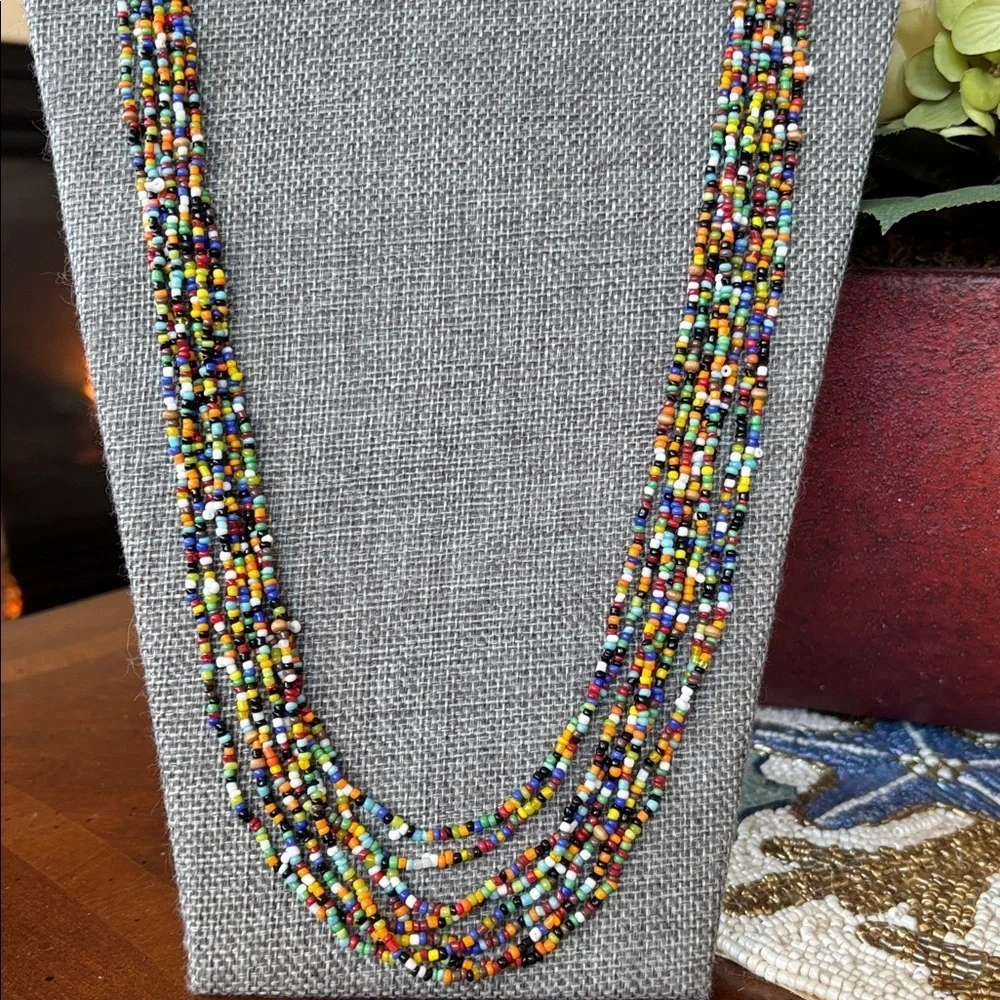 Vintage Seed Beaded Multi-Strand Long Wood Bead Colorful & Teardrop Earrings